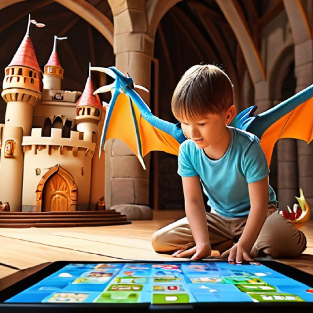 **Hybrid Play: Physical Meets Virtual**
    A child is building a grand castle with traditional wooden blocks on the floor. Simultaneously, they are interacting with a tablet screen nearby, where a vibrant, animated virtual version of the same castle comes alive, featuring digital dragons flying around it. The scene should convey a seamless, magical integration of physical and digital play, emphasizing creativity and imagination. Bright, warm, and playful lighting.