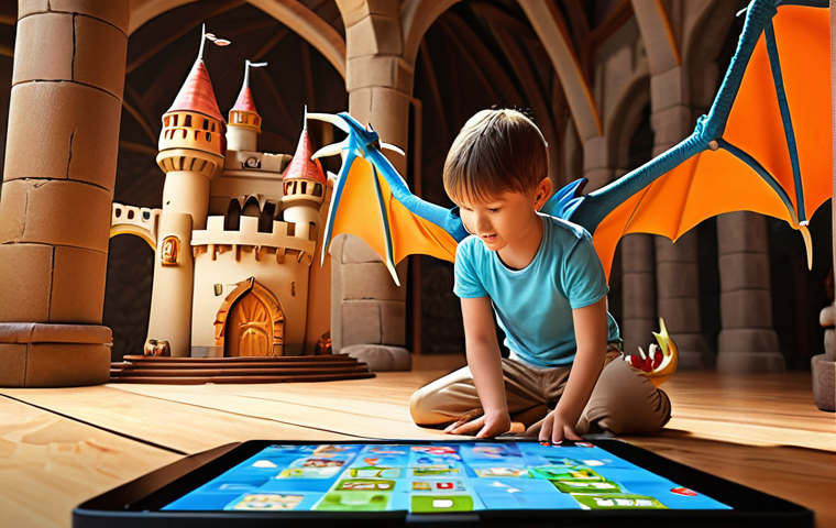 **Hybrid Play: Physical Meets Virtual**
    A child is building a grand castle with traditional wooden blocks on the floor. Simultaneously, they are interacting with a tablet screen nearby, where a vibrant, animated virtual version of the same castle comes alive, featuring digital dragons flying around it. The scene should convey a seamless, magical integration of physical and digital play, emphasizing creativity and imagination. Bright, warm, and playful lighting.